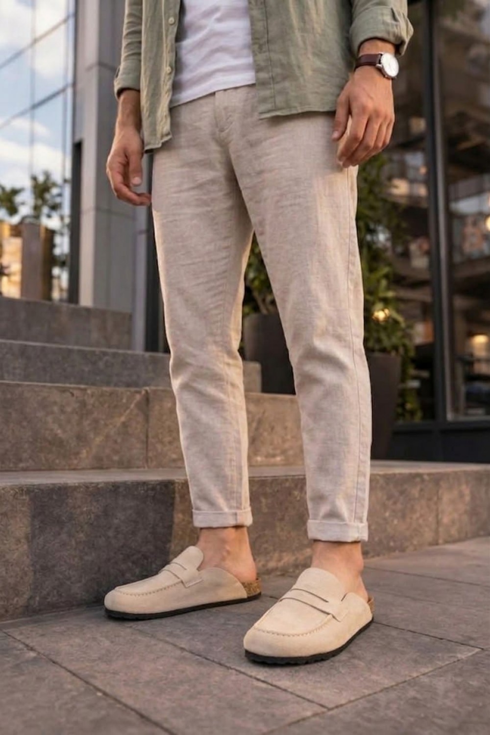 JY0456 Rayn Bağcıksız Hakiki Süet Deri Erkek Günlük Mantar Taban Loafer Klasik Ayakkabı HDMT - Krem - XML Bayilik ve Dropshipping