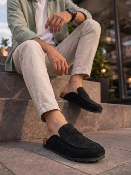 JY0456 Rayn Bağcıksız Hakiki Süet Deri Erkek Günlük Mantar Taban Loafer Klasik Ayakkabı HDMT - Siyah