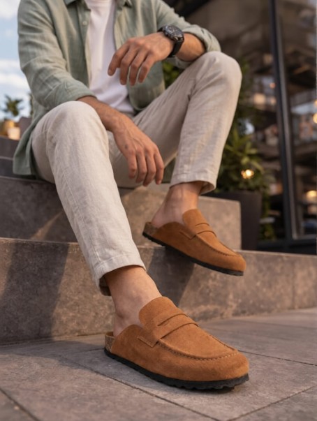 JY0456 Rayn Bağcıksız Hakiki Süet Deri Erkek Günlük Mantar Taban Loafer Klasik Ayakkabı HDMT - Taba