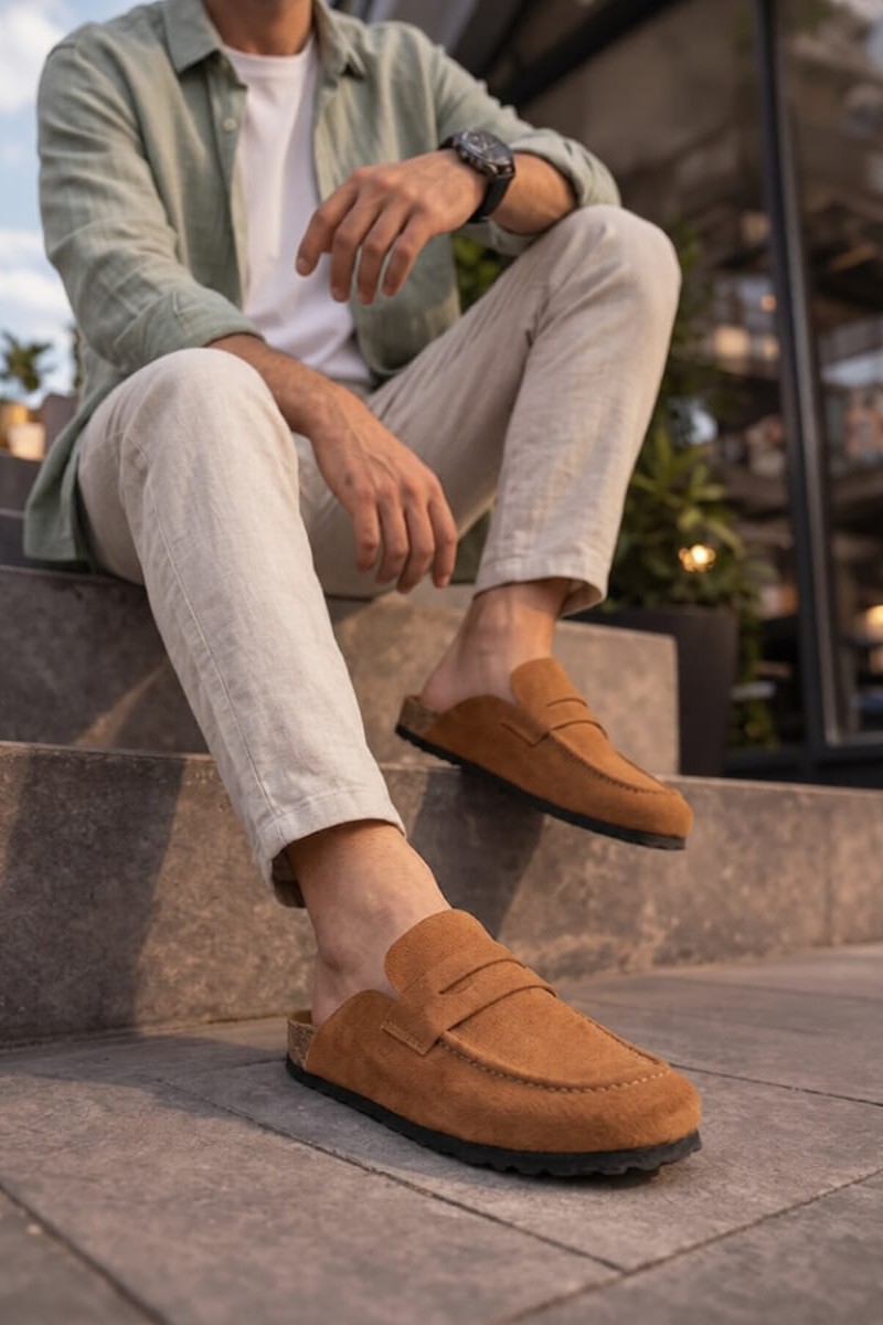 JY0456 Rayn Bağcıksız Hakiki Süet Deri Erkek Günlük Mantar Taban Loafer Klasik Ayakkabı HDMT - Taba