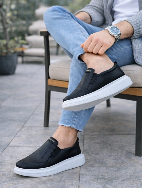 JY049 Ease Bağcıksız Erkek Günlük Cilt Spor Sneaker Ayakkabı CBT - Siyah