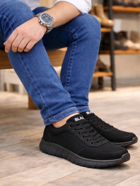 JY063 Rivo Erkek Günlük Bağcıklı Triko Süet Spor Sneaker Ayakkabı TSST - Siyah