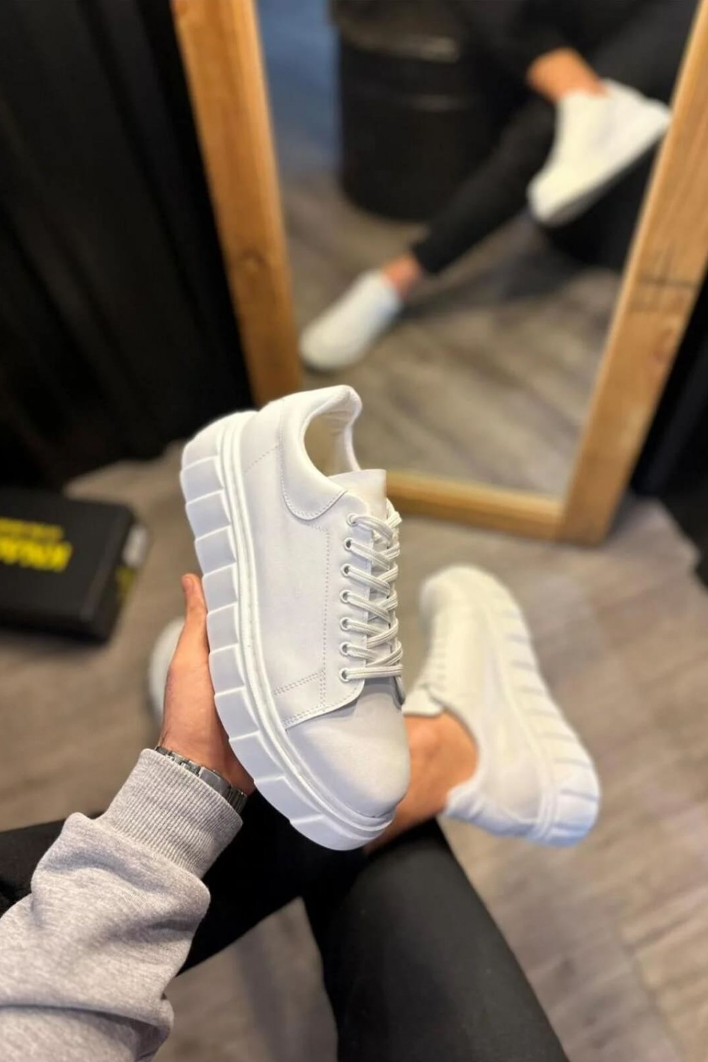 JY144 Volt Bağcıklı Cilt Erkek Günlük Sneaker Yüksek Taban Ayakkabı CBT Beyaz