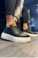 JY144 Volt Bağcıklı Cilt Erkek Günlük Sneaker Yüksek Taban Ayakkabı CBT Siyah