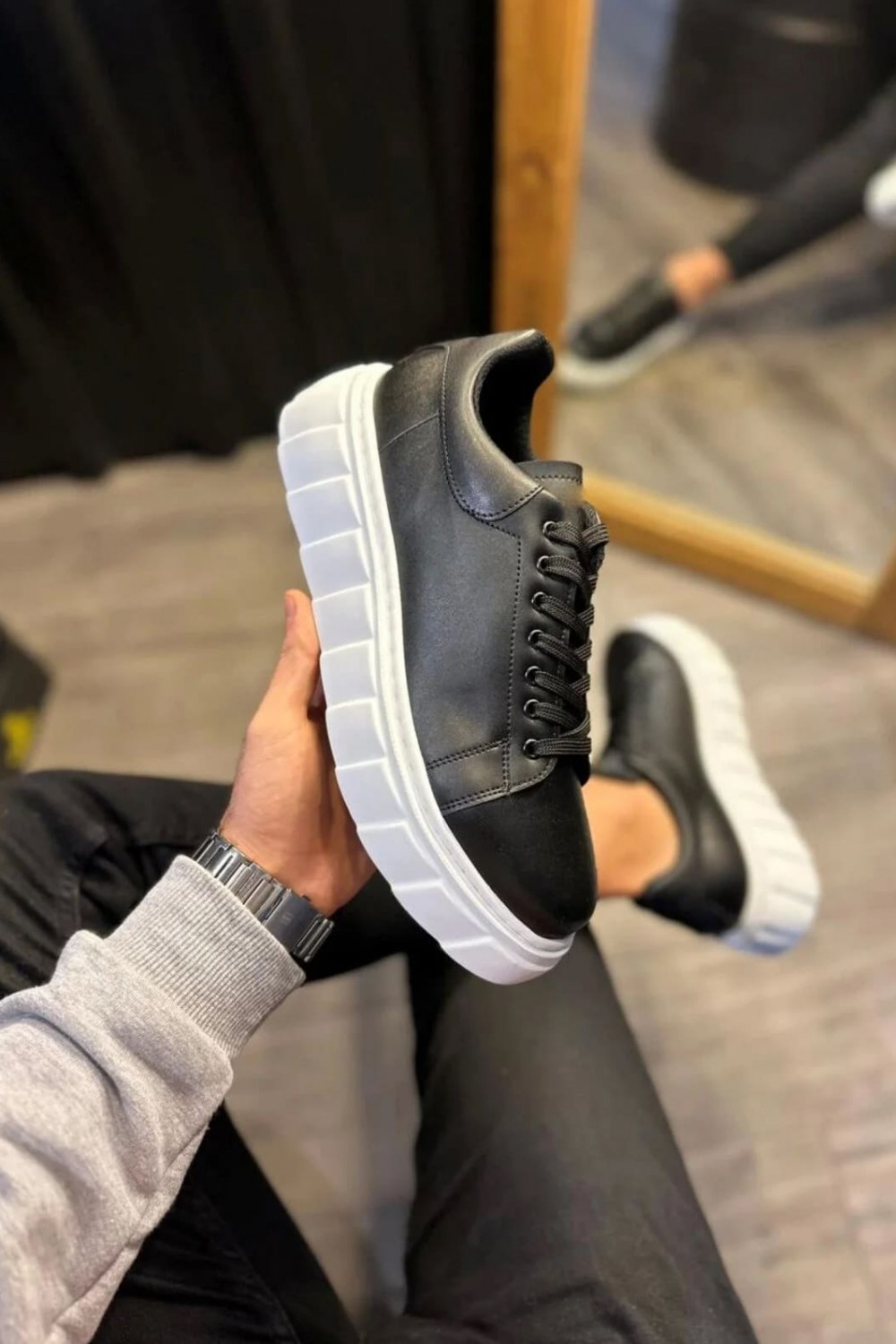 JY144 Volt Bağcıklı Cilt Erkek Günlük Sneaker Yüksek Taban Ayakkabı CBT Siyah