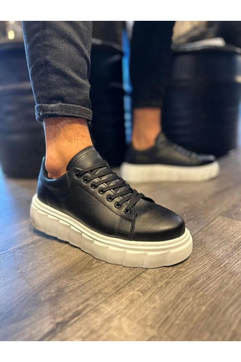 JY144 Volt Bağcıklı Cilt Erkek Günlük Sneaker Yüksek Taban Ayakkabı CBT Siyah