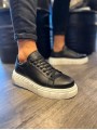 JY144 Volt Bağcıklı Cilt Erkek Günlük Sneaker Yüksek Taban Ayakkabı CBT Siyah