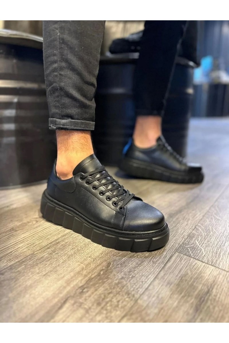 JY144 Volt Bağcıklı Cilt Erkek Günlük Sneaker Yüksek Taban Ayakkabı CST Siyah