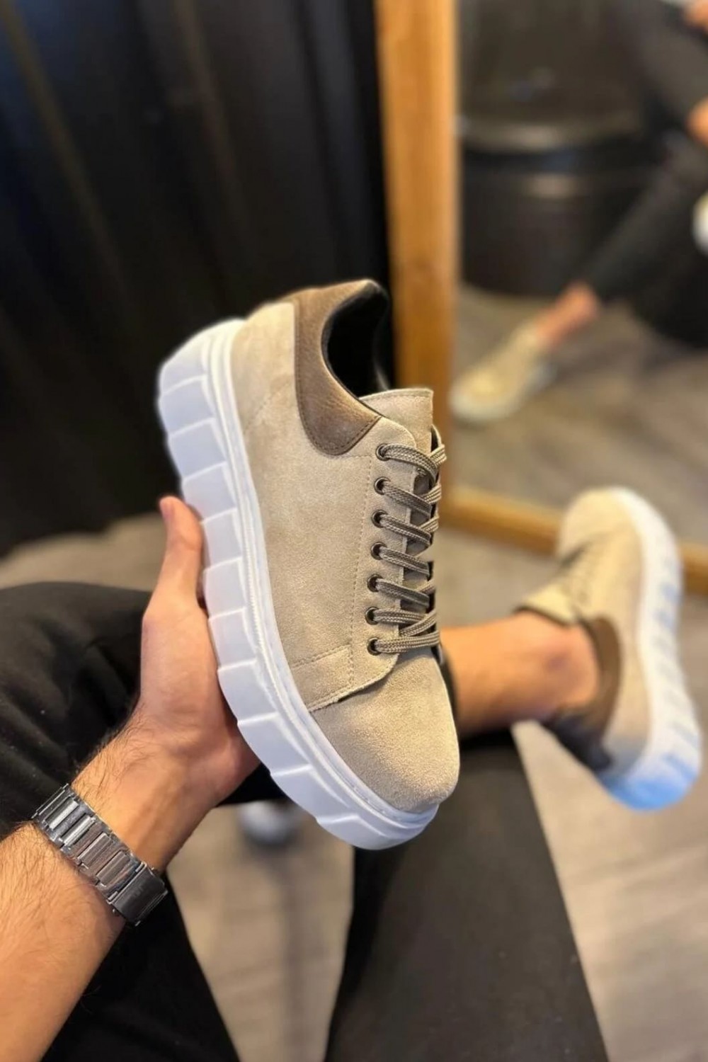 JY144 Volt Bağcıklı Süet Erkek Günlük Sneaker Yüksek Taban Ayakkabı SBT Krem