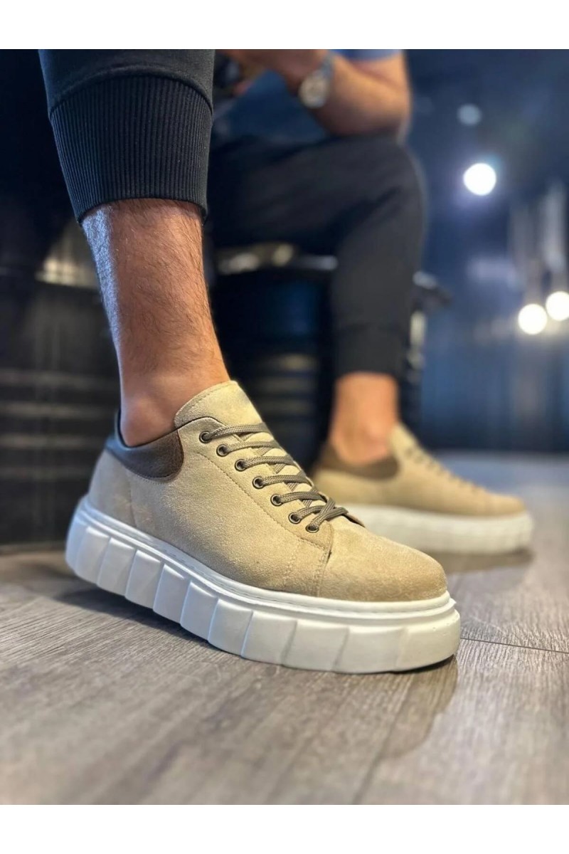 JY144 Volt Bağcıklı Süet Erkek Günlük Sneaker Yüksek Taban Ayakkabı SBT Krem