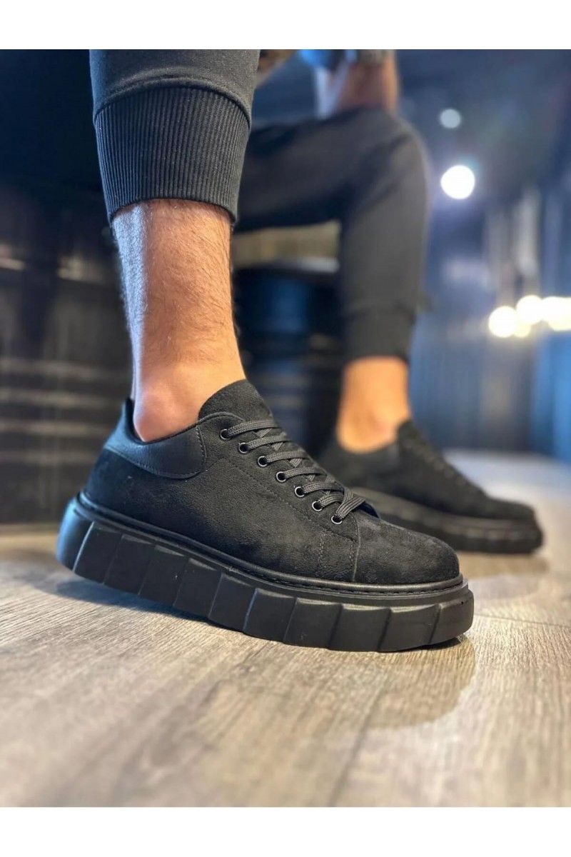 JY144 Volt Bağcıklı Süet Erkek Günlük Sneaker Yüksek Taban Ayakkabı SST Siyah