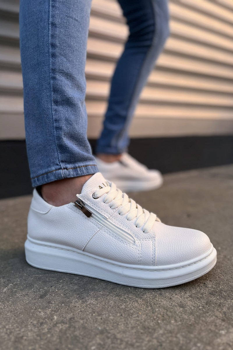 JY155 Warrior Bağcıklı ve Fermuarlı Cilt Erkek Günlük Sneaker Ayakkabı CBT - Beyaz