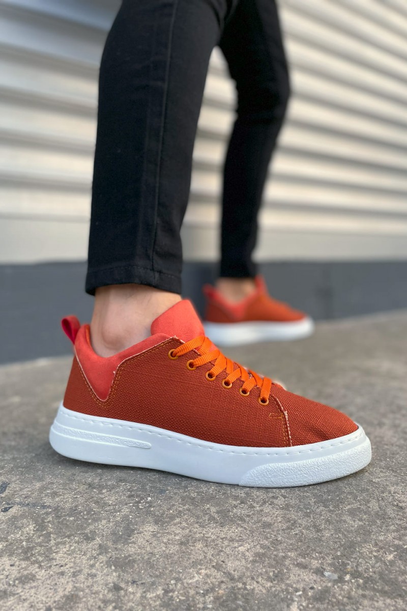 JY204 Flex Bağcıklı Keten Kumaş Erkek Günlük Sneaker Ayakkabı KBT - Turuncu