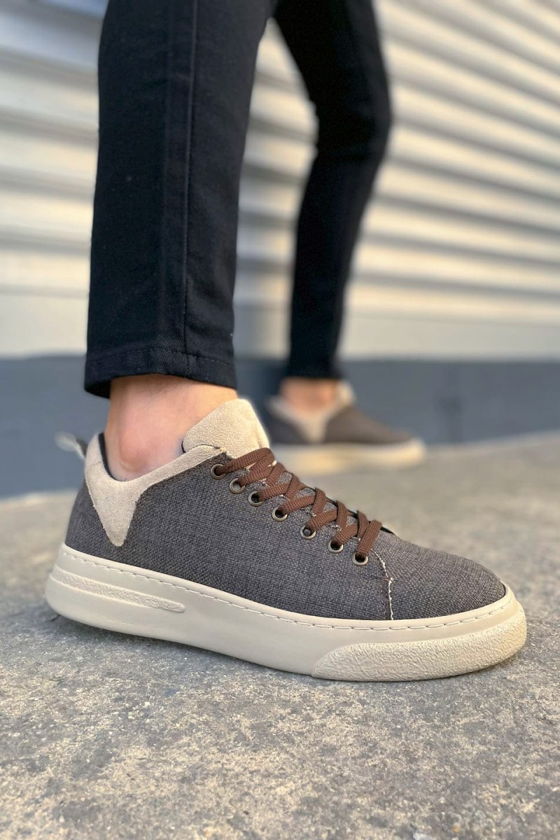 JY204 Flex Bağcıklı Keten Kumaş Erkek Günlük Sneaker Ayakkabı KKT - Kahverengi/Krem