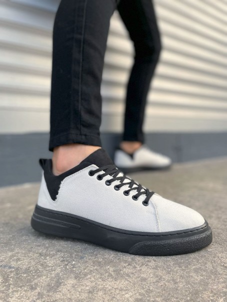 JY204 Flex Bağcıklı Keten Kumaş Erkek Günlük Sneaker Ayakkabı KST - Beyaz/Siyah