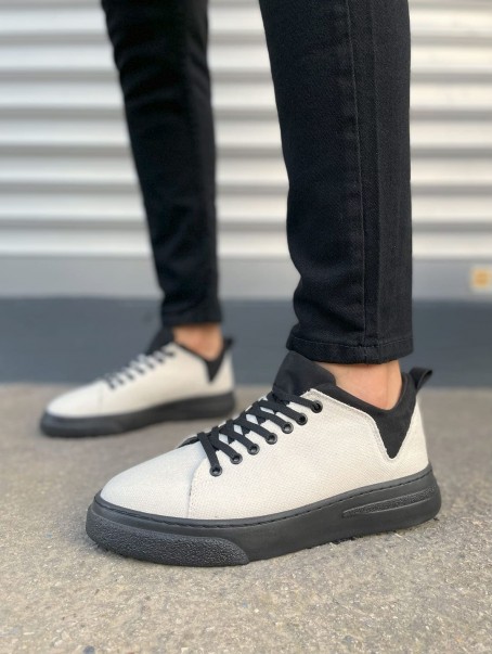 JY204 Flex Bağcıklı Keten Kumaş Erkek Günlük Sneaker Ayakkabı KST - Beyaz/Siyah