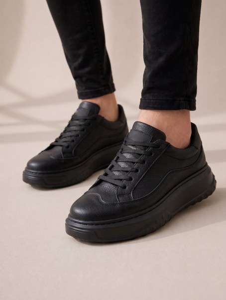 JY507 Dara Bağcıklı Cilt Erkek Günlük Sneaker Ayakkabı CST Siyah