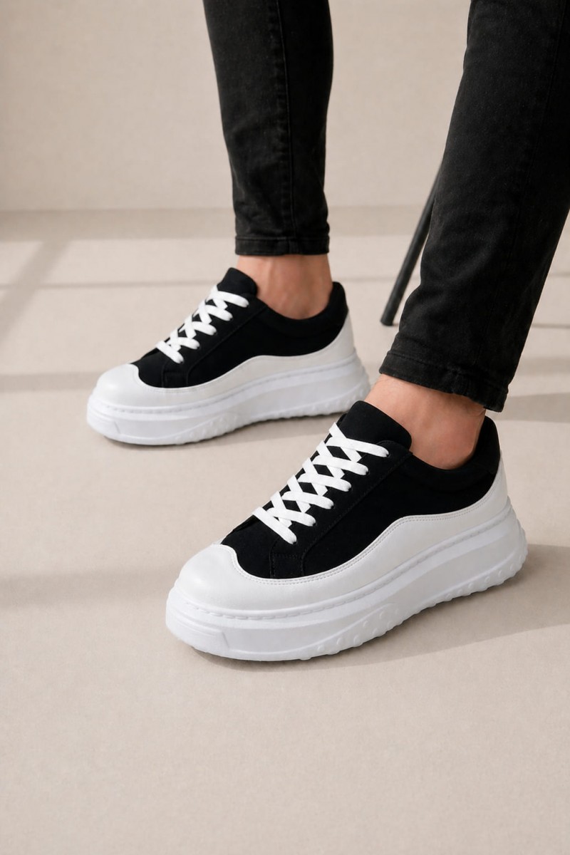 JY507 Dara Bağcıklı Süet Cilt Erkek Günlük Sneaker Ayakkabı SCBT Siyah/Beyaz