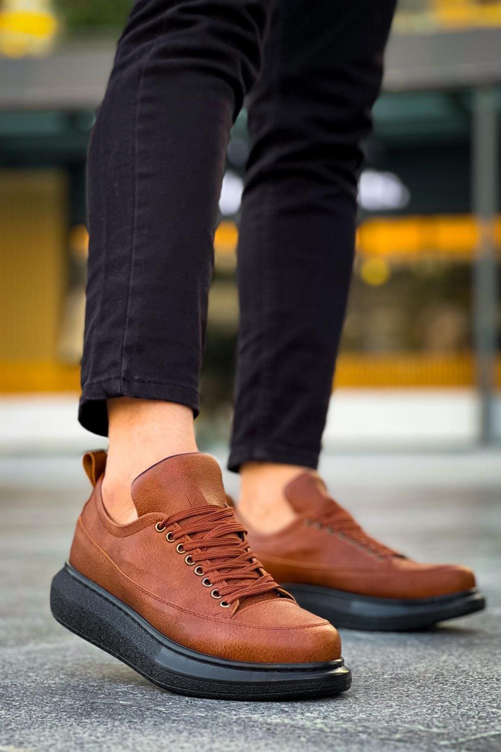 JY814 Axel Bağcıklı Cilt Erkek Günlük Sneaker Ayakkabı CST Taba