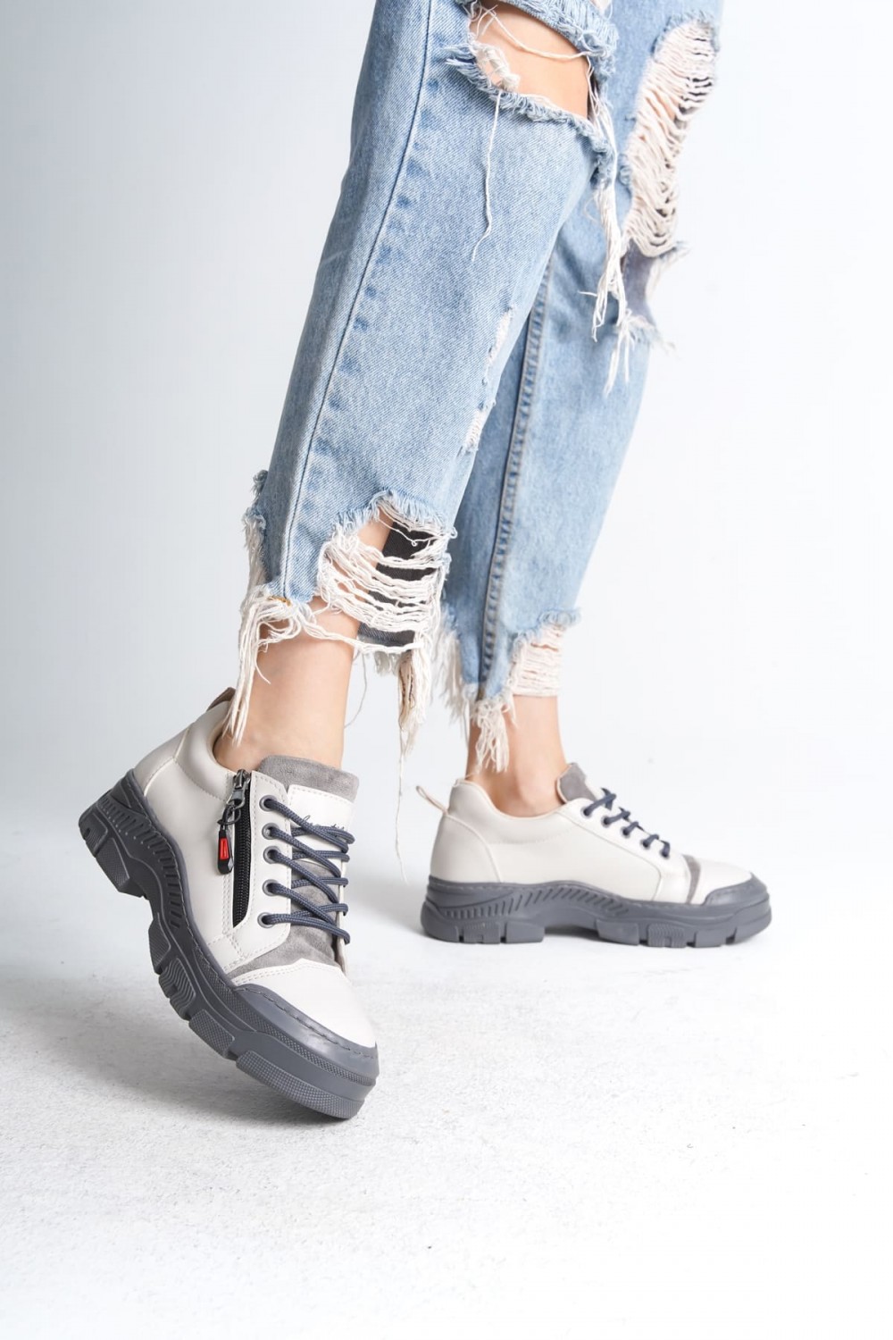 AGATHA Bağcıklı Fermuarlı Ortopedik Taban Kadın Sneaker Spor Ayakkabı CGT - Krem