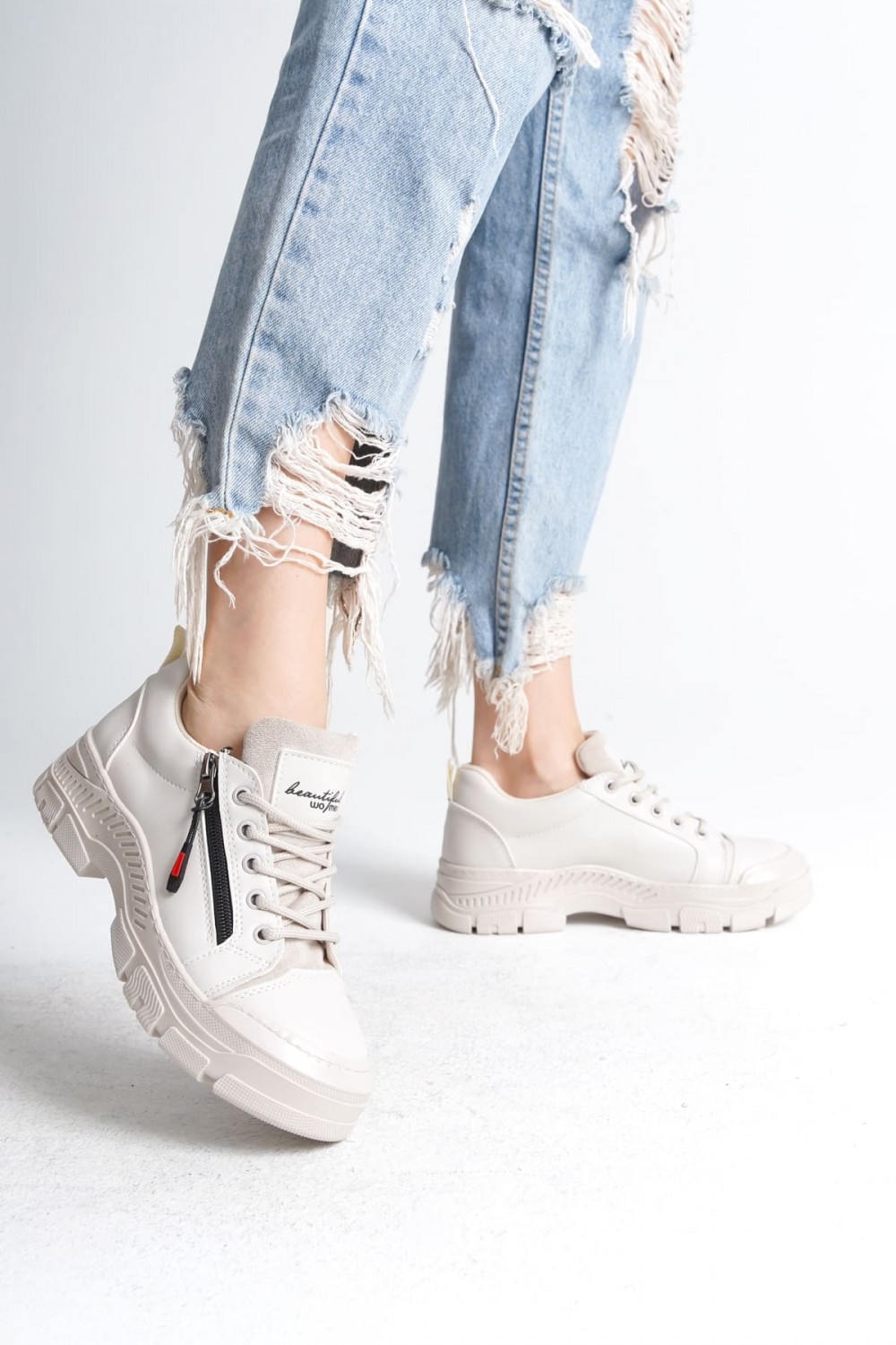 AGATHA Bağcıklı Fermuarlı Ortopedik Taban Kadın Sneaker Spor Ayakkabı CKT - Krem AGATHA Bağcıklı Fermuarlı Ortopedik Taban Kadın Sneaker Spor Ayakkabı CKT - Krem