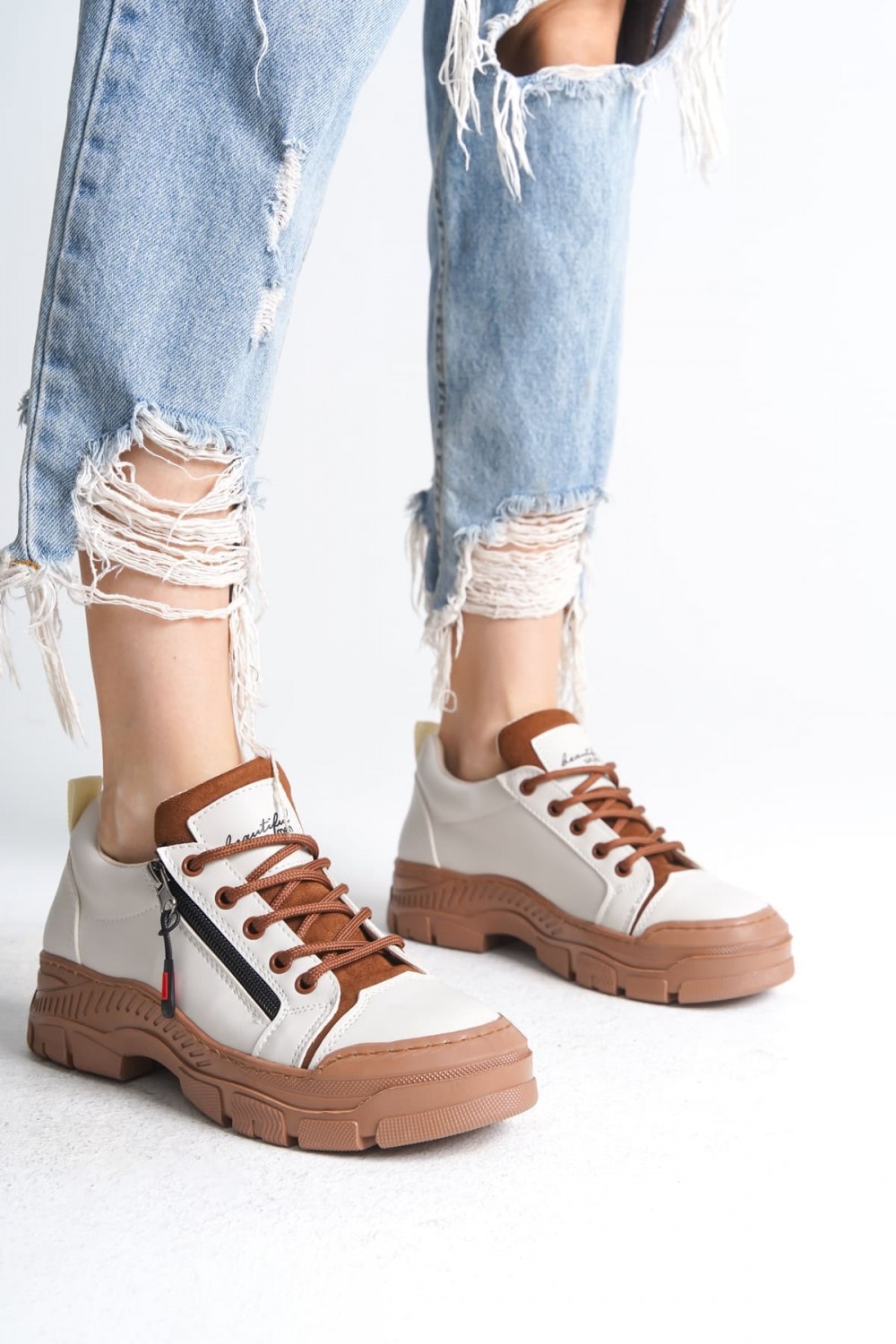 AGATHA Bağcıklı Fermuarlı Ortopedik Taban Kadın Sneaker Spor Ayakkabı CTT - Krem AGATHA Bağcıklı Fermuarlı Ortopedik Taban Kadın Sneaker Spor Ayakkabı CTT - Krem
