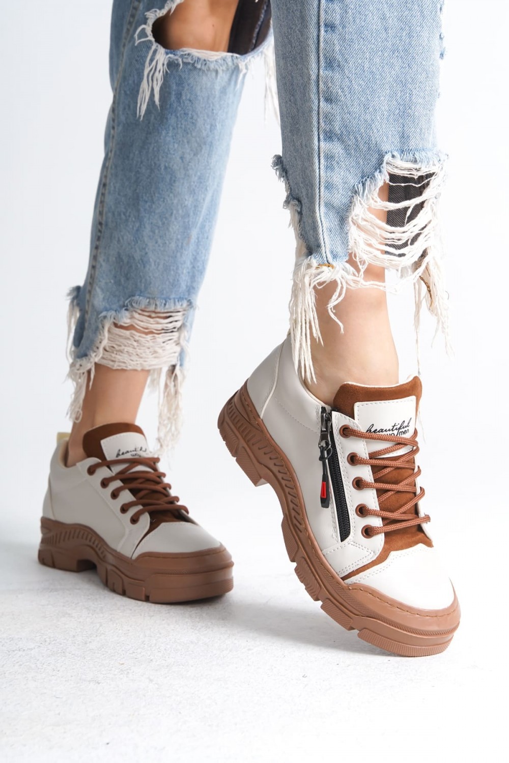 AGATHA Bağcıklı Fermuarlı Ortopedik Taban Kadın Sneaker Spor Ayakkabı CTT - Krem AGATHA Bağcıklı Fermuarlı Ortopedik Taban Kadın Sneaker Spor Ayakkabı CTT - Krem