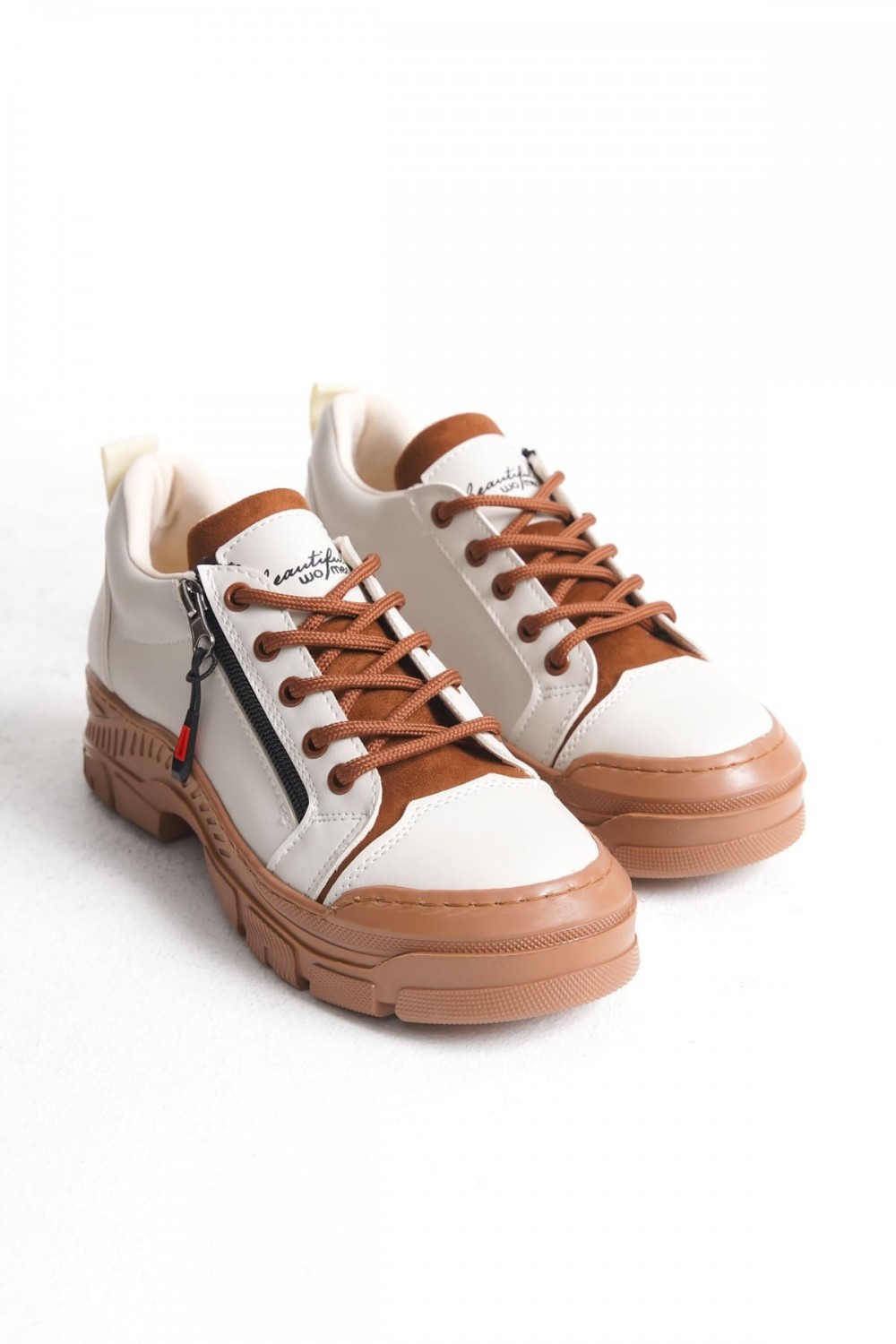 AGATHA Bağcıklı Fermuarlı Ortopedik Taban Kadın Sneaker Spor Ayakkabı CTT - Krem AGATHA Bağcıklı Fermuarlı Ortopedik Taban Kadın Sneaker Spor Ayakkabı CTT - Krem