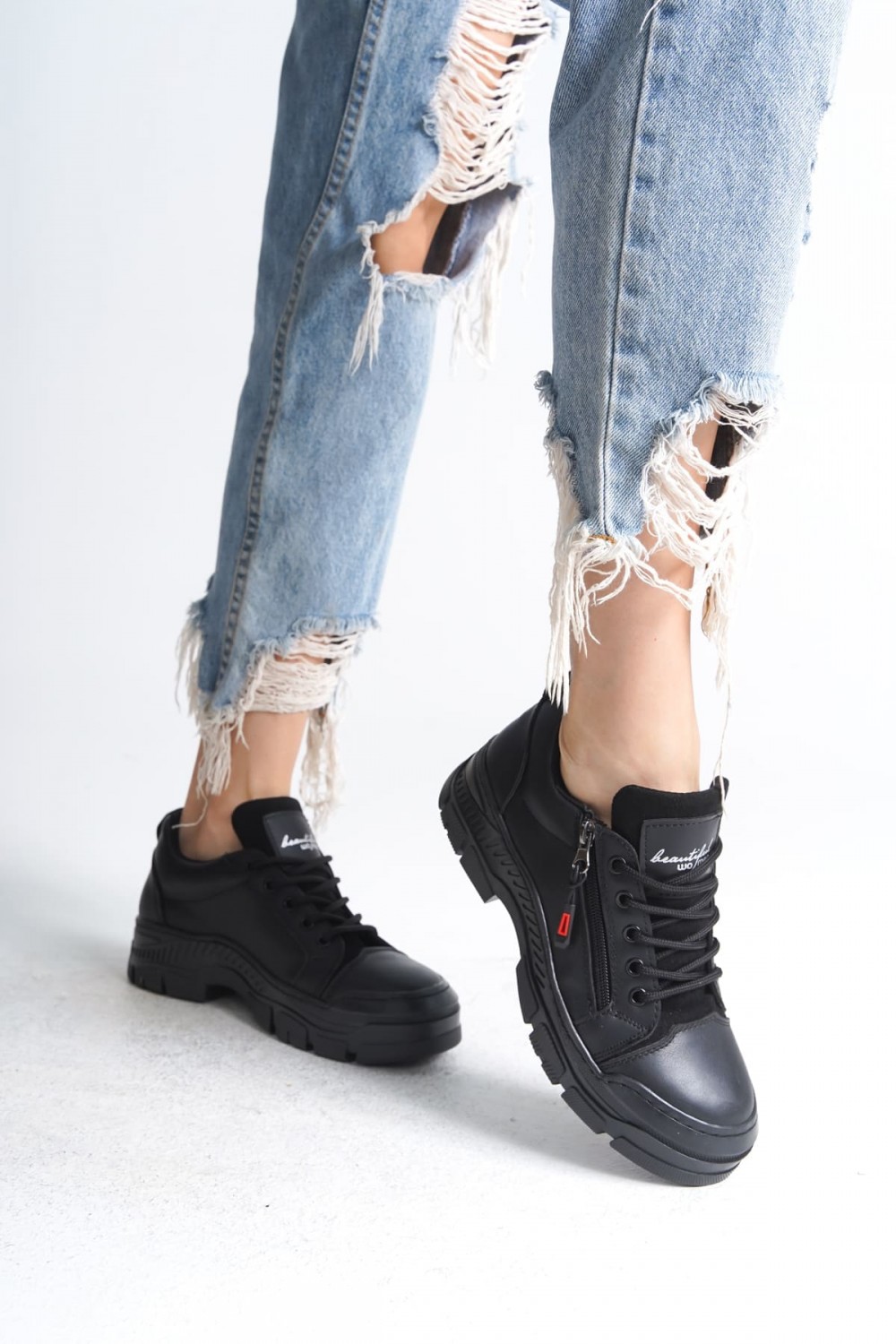 AGATHA Bağcıklı Fermuarlı Ortopedik Taban Kadın Sneaker Spor Ayakkabı ST - Siyah AGATHA Bağcıklı Fermuarlı Ortopedik Taban Kadın Sneaker Spor Ayakkabı ST - Siyah