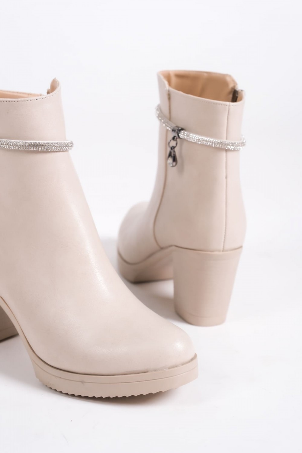 ARIA Fermuarlı Ortopedik Taban Taşlı Topuklu Kadın Bot  CKT - Krem - XML Bayilik ve Dropshipping