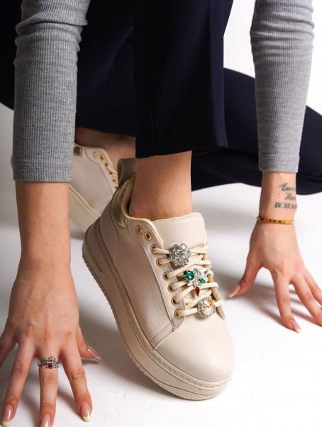 BRIANNA Bağcıklı Ortopedik Taban Renkli Taş Dekorlu Kadın Sneaker Spor Ayakkabı  CKT - Krem/Altın