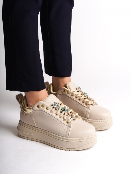 BRIANNA Bağcıklı Ortopedik Taban Renkli Taş Dekorlu Kadın Sneaker Spor Ayakkabı  CKT - Krem/Altın