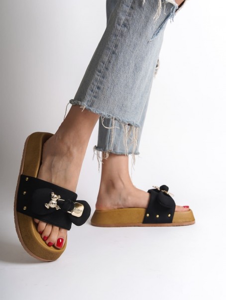 DILA Kalın ve Ortopedik Taban Ayıcıklı Saten Kadın Terlik  SKT - Siyah