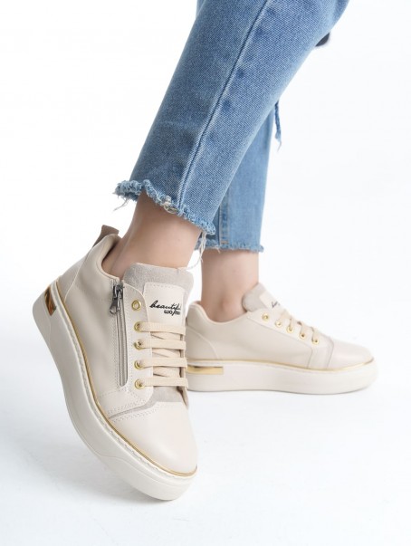 DINA Bağcıklı Fermuarlı Ortopedik Taban Kadın Sneaker Spor Ayakkabı  CKT - Krem/Altın