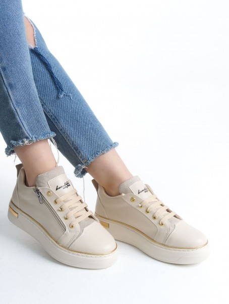 DINA Bağcıklı Fermuarlı Ortopedik Taban Kadın Sneaker Spor Ayakkabı  CKT - Krem/Altın