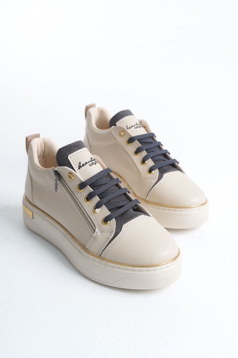 DINA Bağcıklı Fermuarlı Ortopedik Taban Kadın Sneaker Spor Ayakkabı CKT - Krem/Gri/Altın DINA Bağcıklı Fermuarlı Ortopedik Taban Kadın Sneaker Spor Ayakkabı CKT - Krem/Gri/Altın