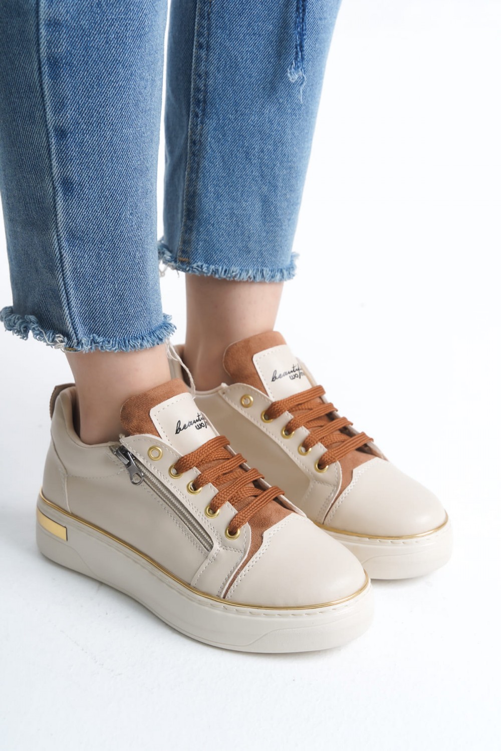 DINA Bağcıklı Fermuarlı Ortopedik Taban Kadın Sneaker Spor Ayakkabı  CKT - Krem/Taba/Altın