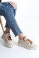 DINA Bağcıklı Fermuarlı Ortopedik Taban Kadın Sneaker Spor Ayakkabı  CKT - Krem/Taba/Altın