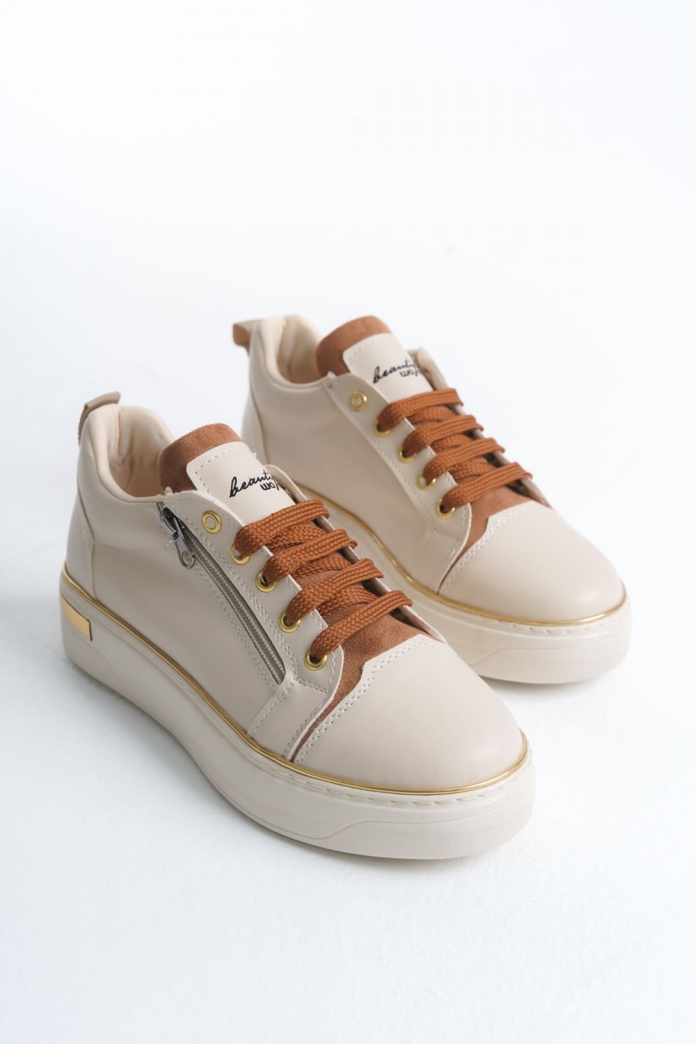 DINA Bağcıklı Fermuarlı Ortopedik Taban Kadın Sneaker Spor Ayakkabı  CKT - Krem/Taba/Altın