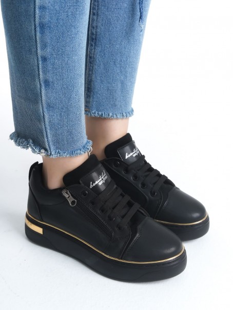 DINA Bağcıklı Fermuarlı Ortopedik Taban Kadın Sneaker Spor Ayakkabı  CST - Siyah/Altın