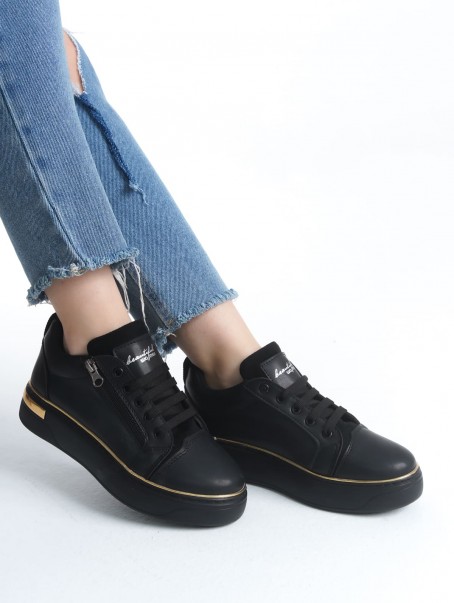 DINA Bağcıklı Fermuarlı Ortopedik Taban Kadın Sneaker Spor Ayakkabı  CST - Siyah/Altın