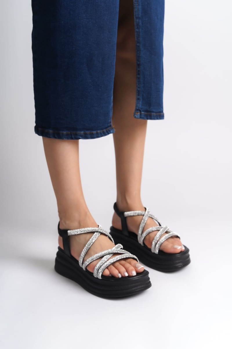 ELENA Lastikli Taşlı Şeritli Ortopedik Taban Kadın Sandalet CST - Siyah