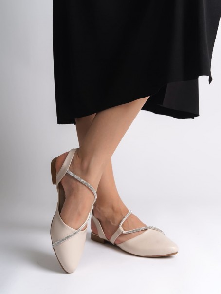 HANNAH Lastikli Ortopedik Rahat Taban Taş Detaylı Kadın Babet Ayakkabı  CKT - Krem