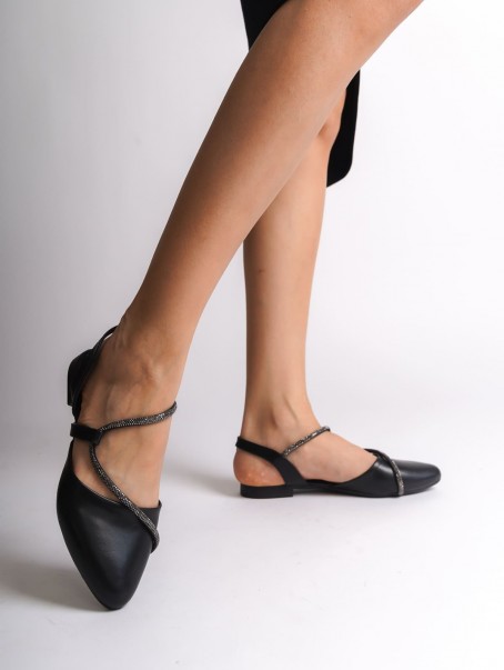 HANNAH Lastikli Ortopedik Rahat Taban Taş Detaylı Kadın Babet Ayakkabı  CST - Siyah