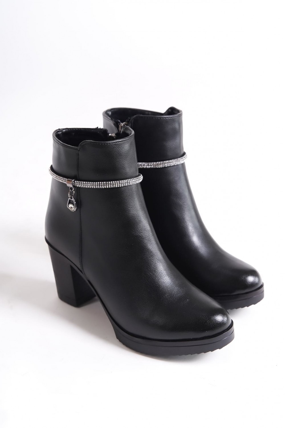 ARIA Fermuarlı Ortopedik Taban Taşlı Topuklu Kadın Bot CST - Siyah