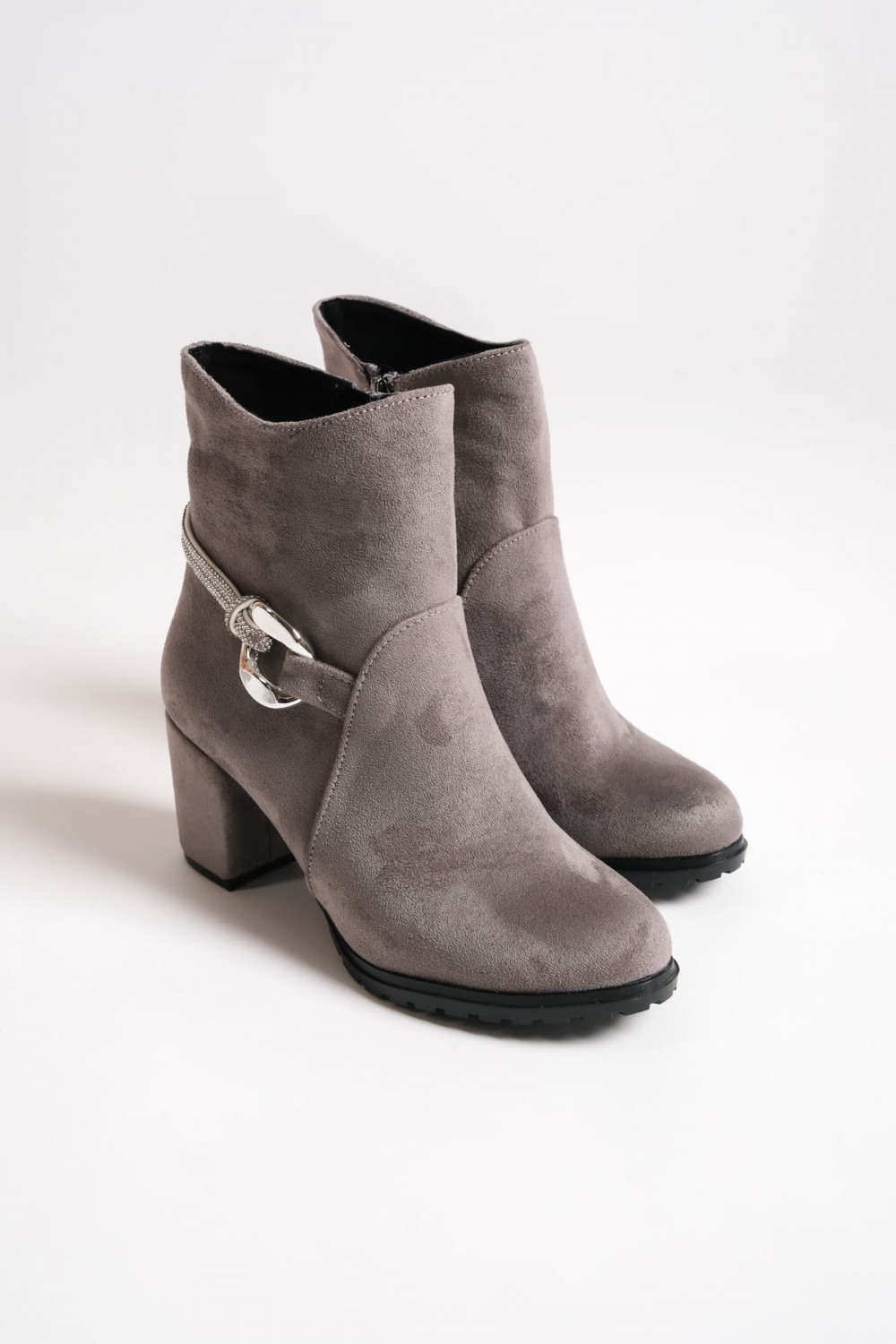 EDNA Fermuarlı Ortopedik Taban Taşlı Topuklu Süet Kadın Bot SGT - Gri