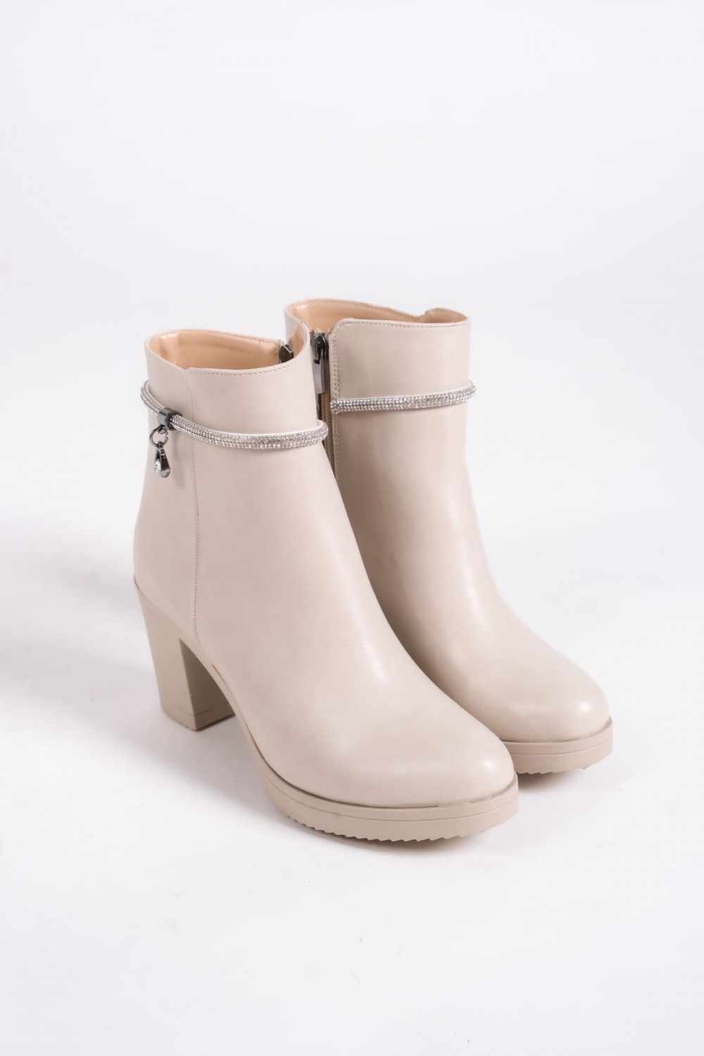 ARIA Fermuarlı Ortopedik Taban Taşlı Topuklu Kadın Bot  CKT - Krem