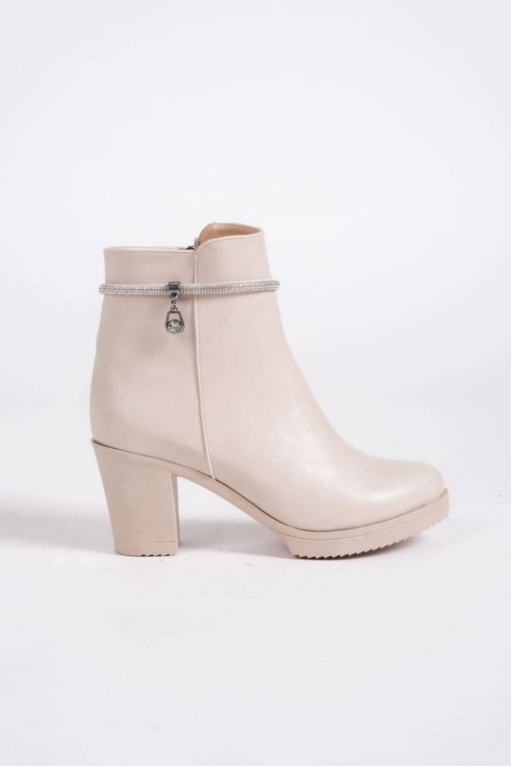 ARIA Fermuarlı Ortopedik Taban Taşlı Topuklu Kadın Bot  CKT - Krem