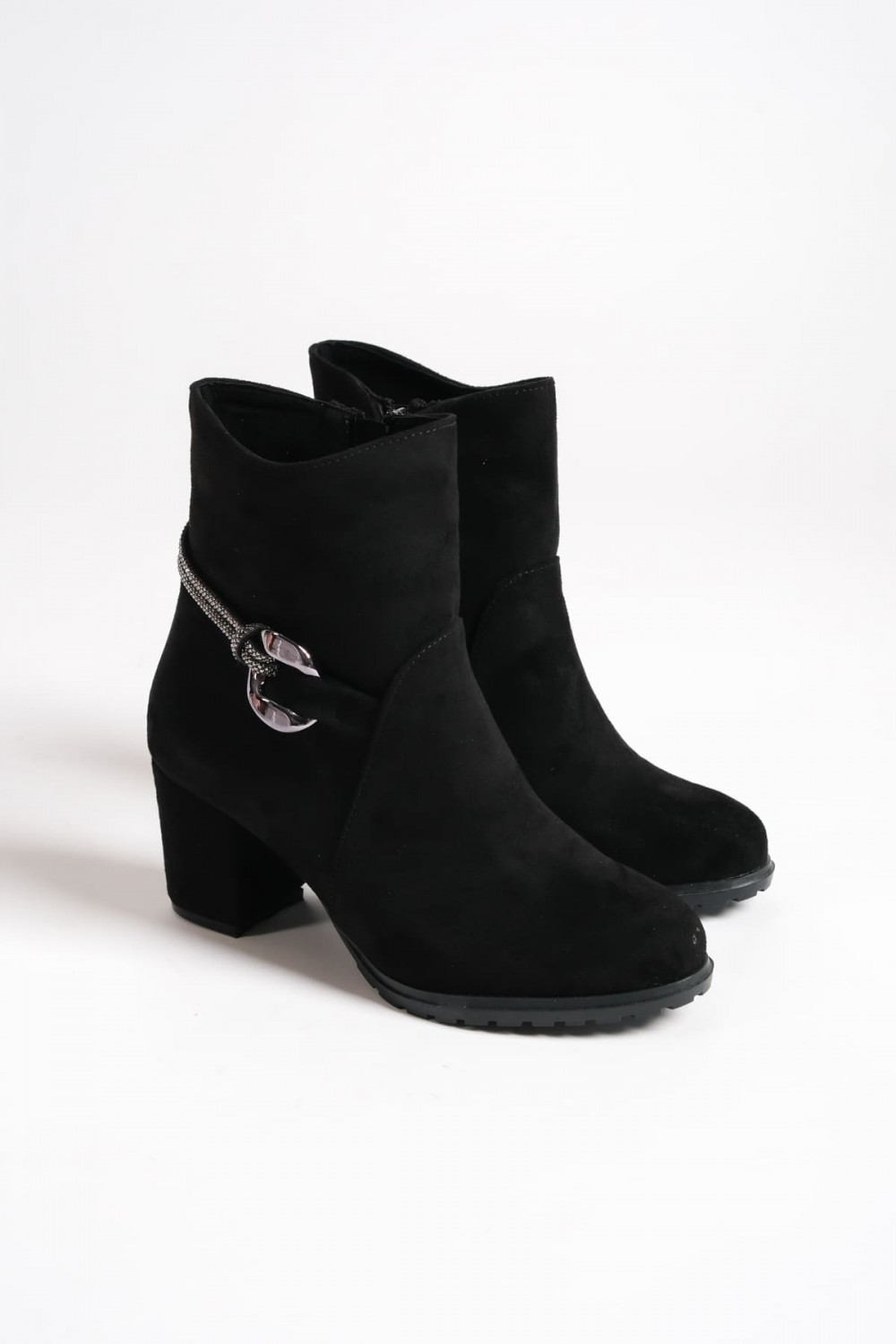 EDNA Fermuarlı Ortopedik Taban Taşlı Topuklu Süet Kadın Bot SST - Siyah