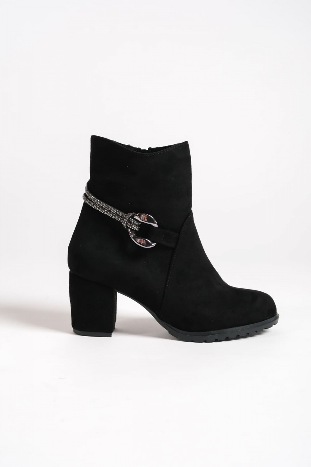 EDNA Fermuarlı Ortopedik Taban Taşlı Topuklu Süet Kadın Bot SST - Siyah